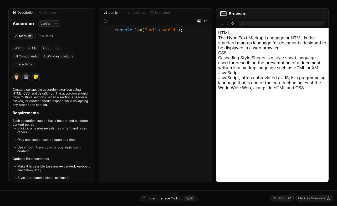 A coding interface displays an accordion task with guidelines on the left, "console.log('hello world');" code editor tab in the center, and browser tab about HTML, CSS, and JavaScript on the right.