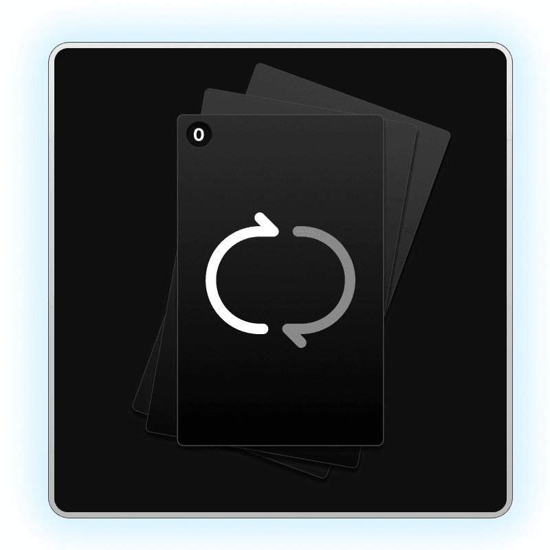 A stack of black playing cards with a white arrow loop symbol on the top card, resembling a refresh icon, set against a blue border.