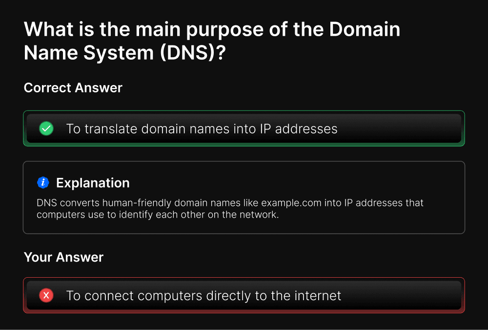 Quiz interface asking about the main purpose of DNS. Correct answer: 'To assign IP addresses to physical devices' with explanation. User's incorrect answer: 'To connect computers directly to the internet.'